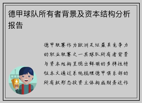 德甲球队所有者背景及资本结构分析报告