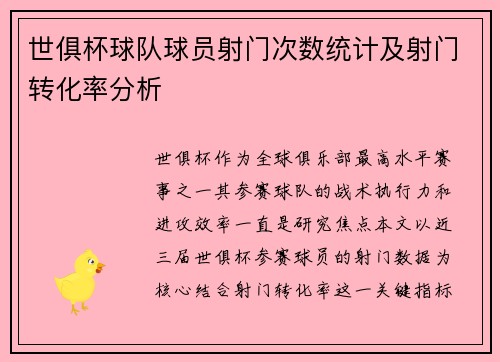 世俱杯球队球员射门次数统计及射门转化率分析