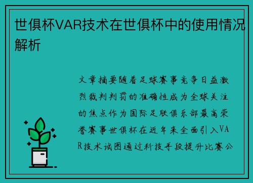 世俱杯VAR技术在世俱杯中的使用情况解析