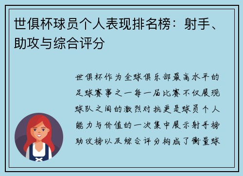 世俱杯球员个人表现排名榜：射手、助攻与综合评分