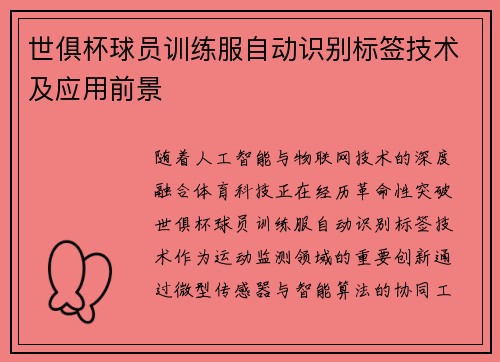 世俱杯球员训练服自动识别标签技术及应用前景